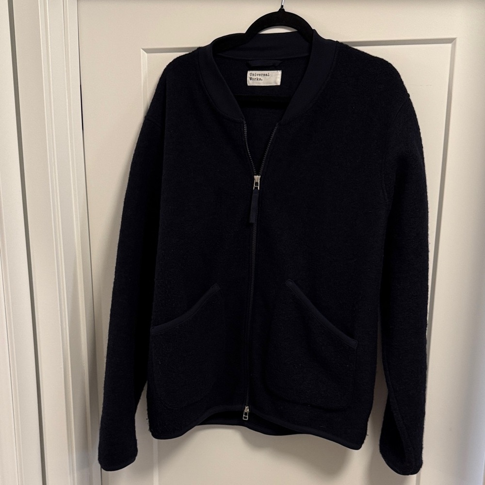 Universal Works Navy Zip-Up Wool Bomber Jacket